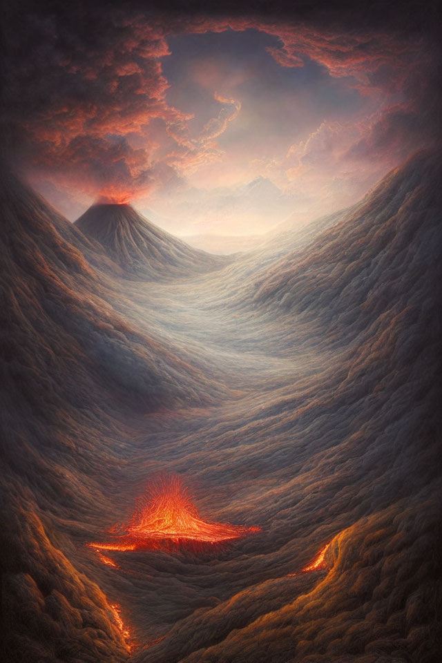 Volcanic landscape at dusk with glowing lava flows and misty mountains