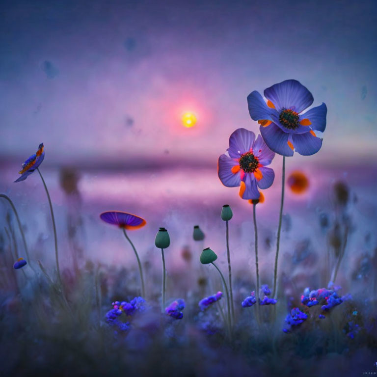 Twilight scene with vibrant poppies and delicate flowers on purple sky.