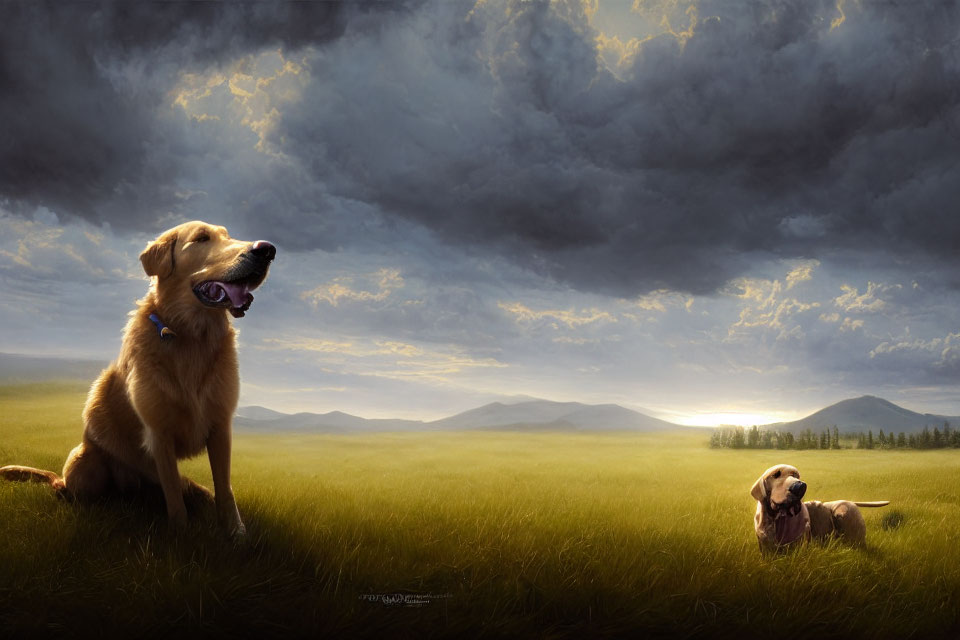 Golden retrievers in field with mountains and dramatic sky