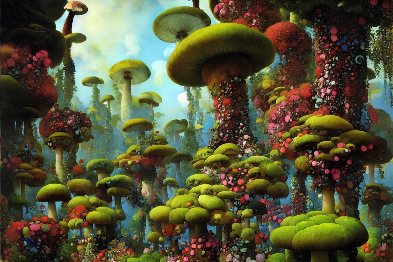 Colorful oversized mushrooms in a vibrant fantasy forest landscape