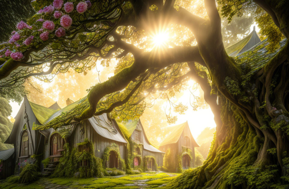 Mystical sunlight through ancient tree branches on quaint houses