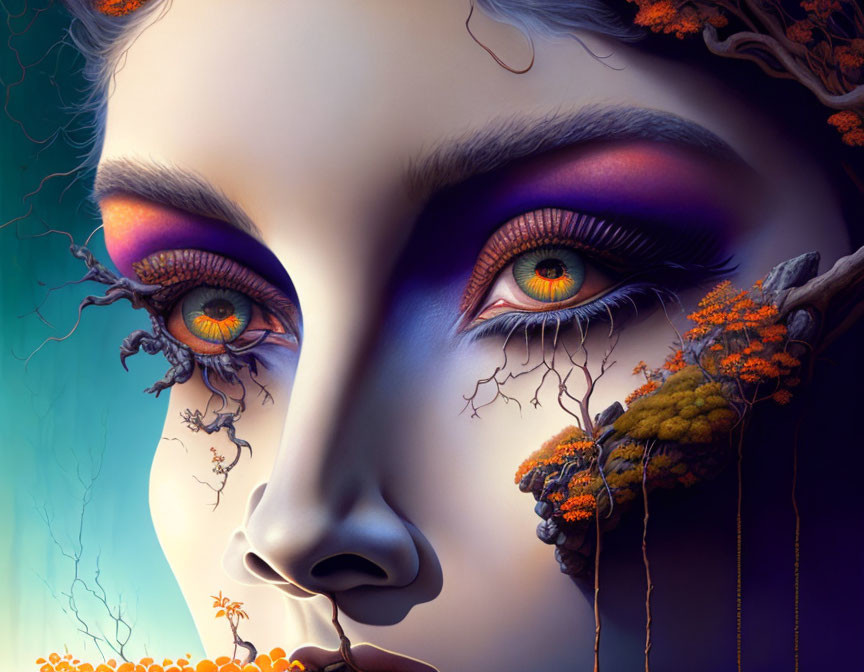 Detailed digital artwork: woman's face with tree branches, moss, purple eyeshadow, and golden