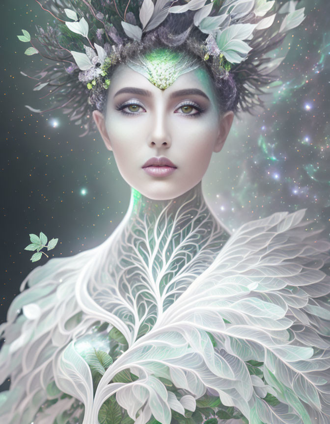 Fantasy-themed portrait of woman in ethereal attire against starry background