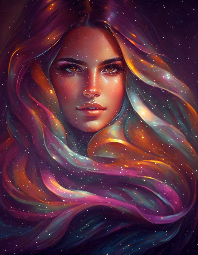 Multicolored galaxy hair digital art with cosmic dust and stars.