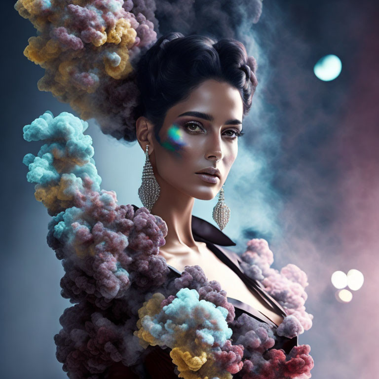 Colorful Smoke Surrounds Woman with Striking Makeup