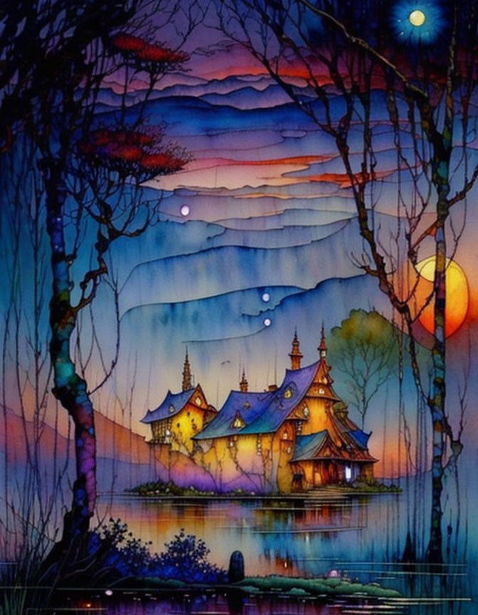 Colorful lakeside house painting with vibrant sky and glowing orbs