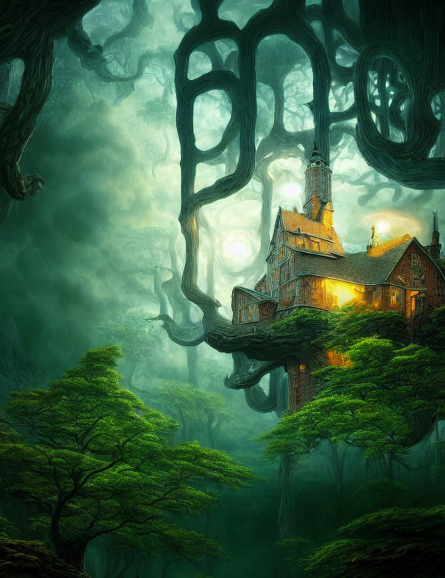 Old house on fantastical tree in eerie forest with swirling branches