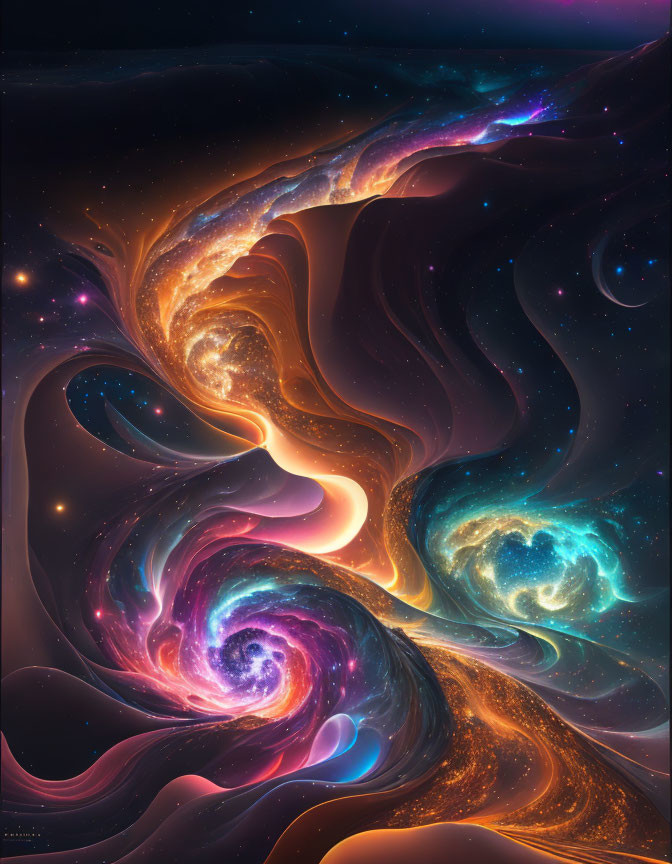 Vibrant cosmic illustration of swirling galaxies and nebulae