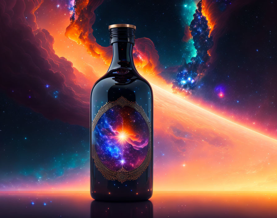 Cosmic design bottle with swirling galaxy on vibrant space backdrop