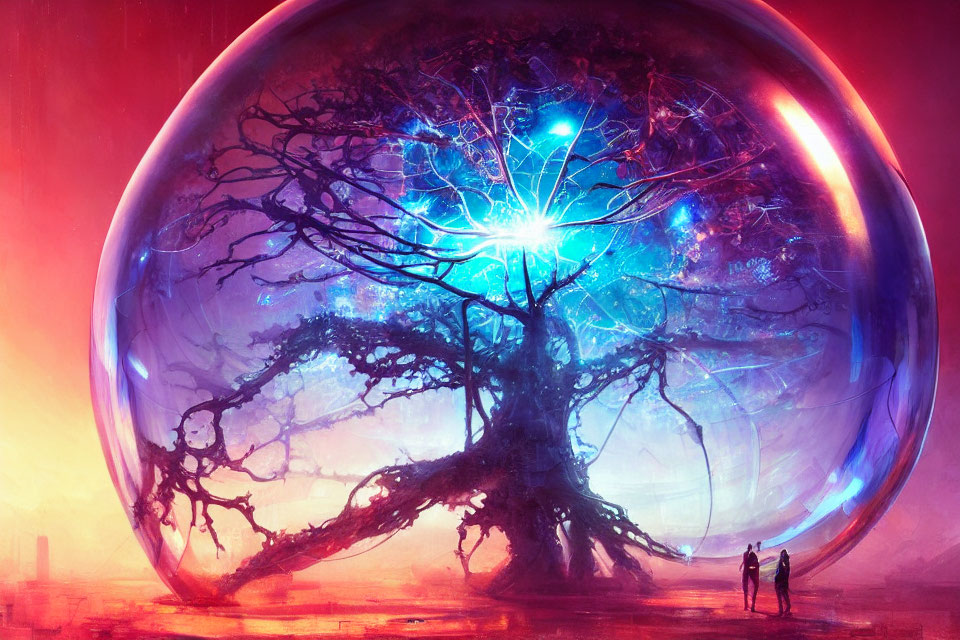 Fantastical glowing tree in transparent sphere with figures under pink sky