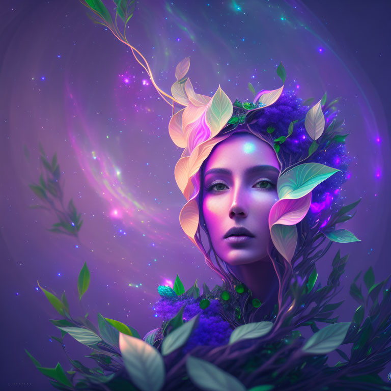 Surreal portrait of woman with luminous leaves and flowers on cosmic backdrop