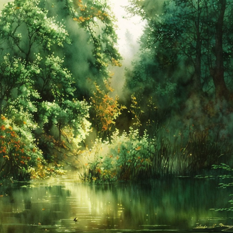 Tranquil watercolor: Green forest, pond, sunbeams, duck, vibrant foliage