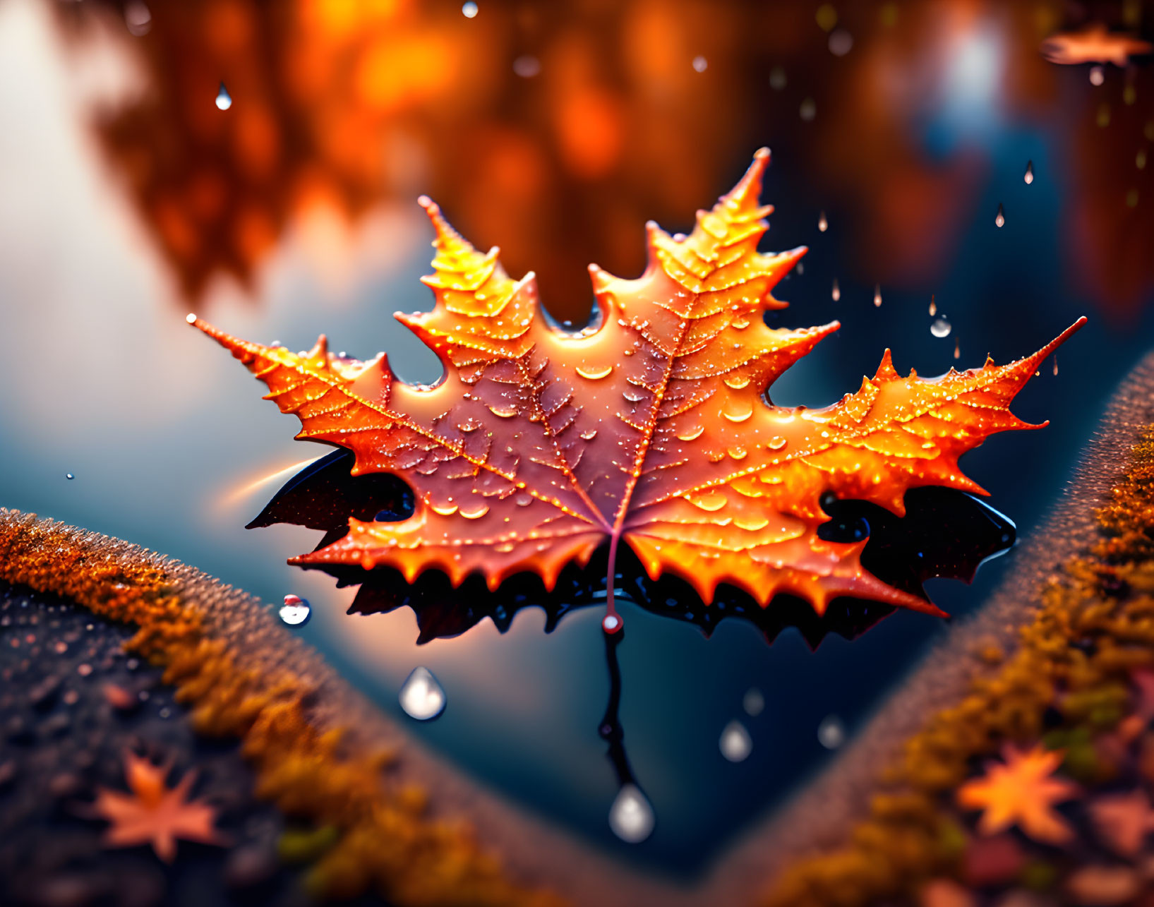 Vibrant autumn leaf with water droplets on wet surface