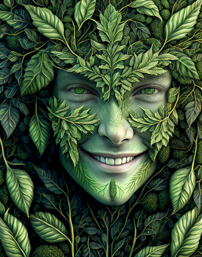 Face blending with lush green leaves, vibrant green eyes and leafy patterns.