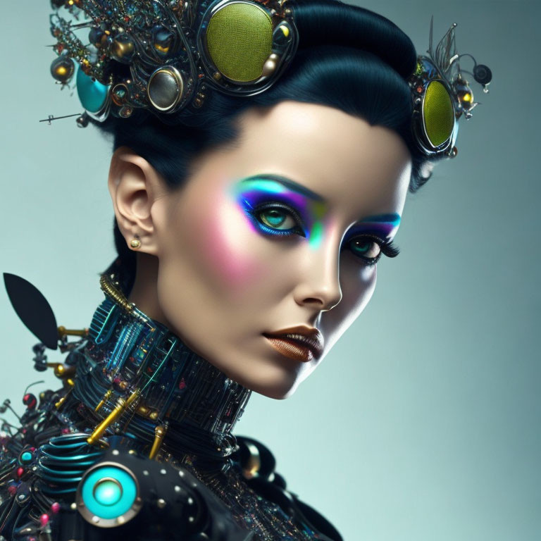 Futuristic digital portrait of a woman with ornate headpieces