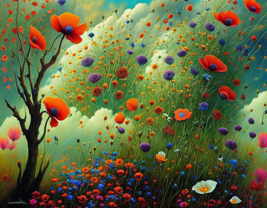 Colorful painting of lush field with red poppies and wildflowers on green backdrop