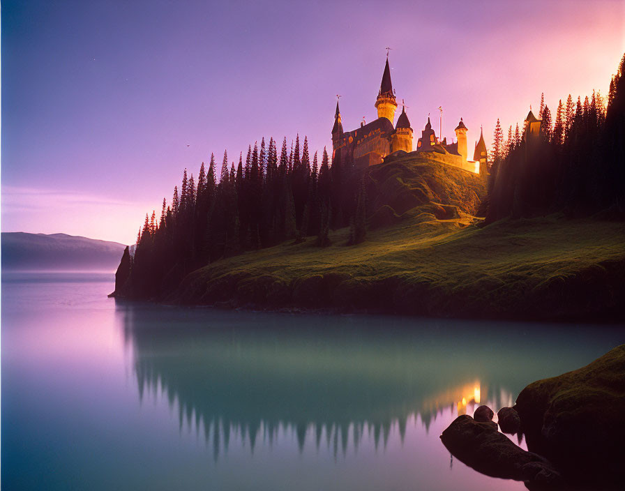 Castle on Hilltop Overlooking Lake at Twilight with Purple and Pink Skies