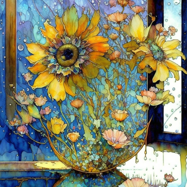 Colorful Watercolor Painting: Sunflower Bouquet in Bowl on Blue Background