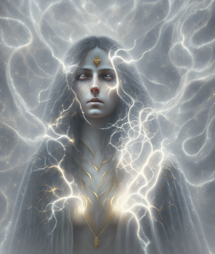Ethereal woman with luminescent eyes in flowing white garment surrounded by glowing aura and delicate lightning