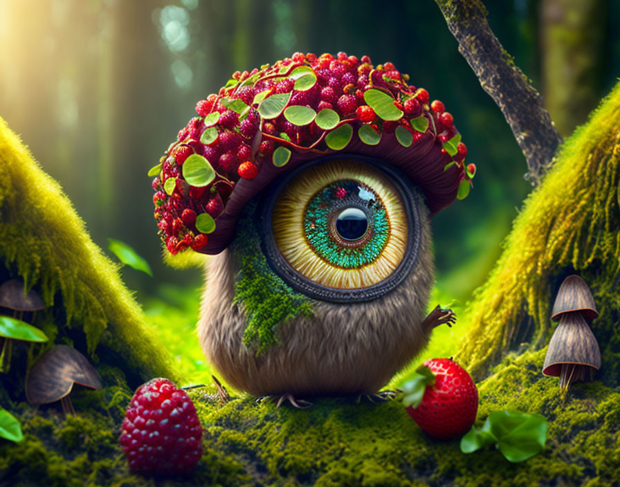 Whimsical furry creature with large eye in enchanted forest.