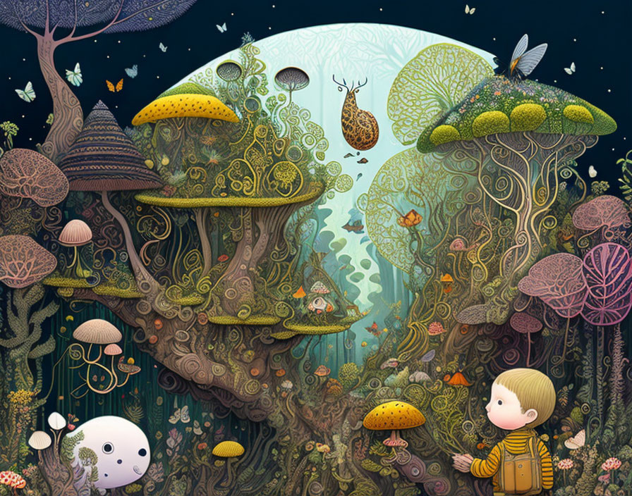 Child's whimsical forest scene with vibrant trees, floating whale, and whimsical creatures