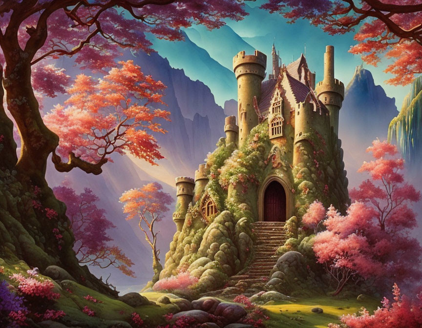 Castle surrounded by pink trees, green hills, and misty mountains