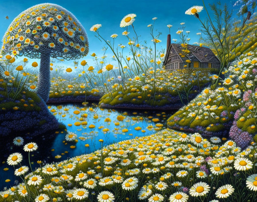 Whimsical landscape with mushroom-like tree, cottage, daisies, starry sky, and