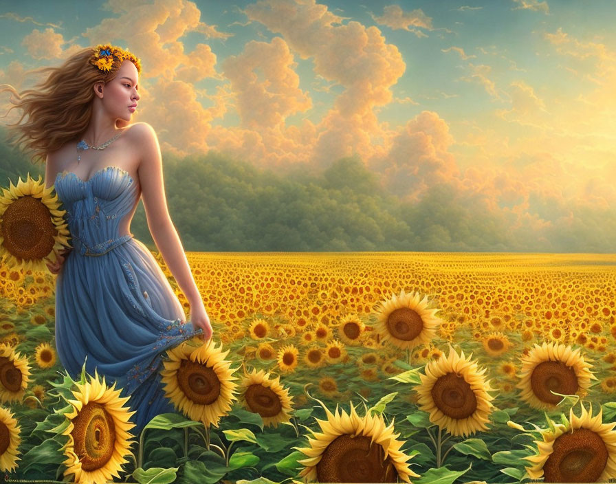 Woman in Blue Dress Surrounded by Sunflowers in Vibrant Field