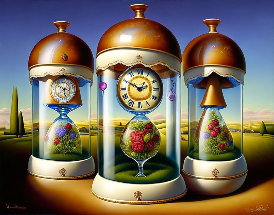 Ornate hourglasses with flowering scenes on surreal landscape