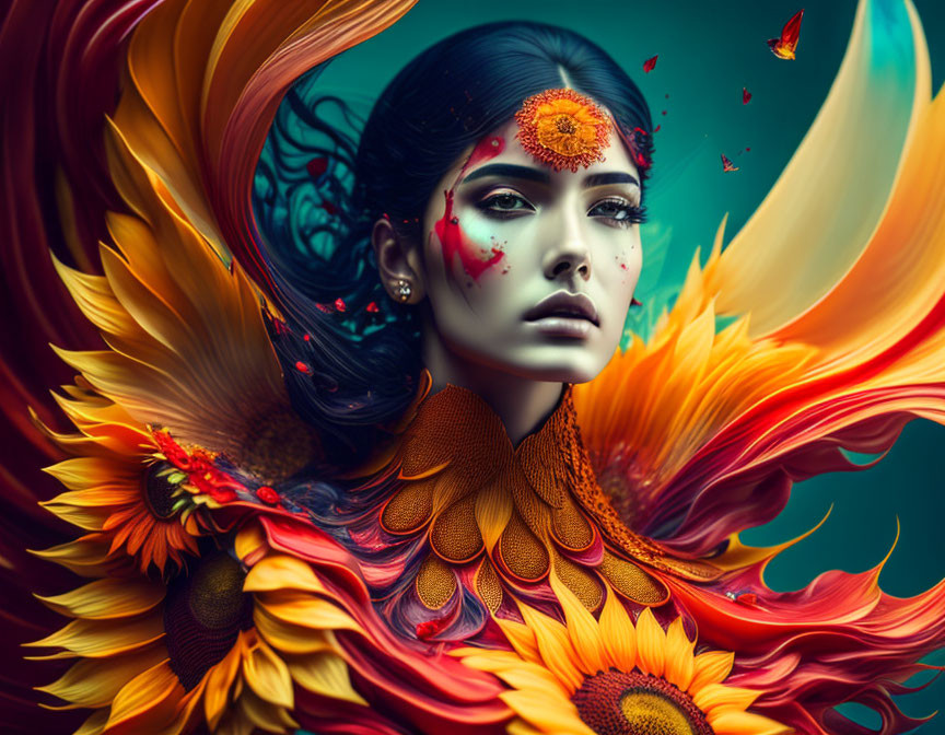 Vibrant surreal portrait of a woman with orange and yellow feathers and sunflowers in her hair