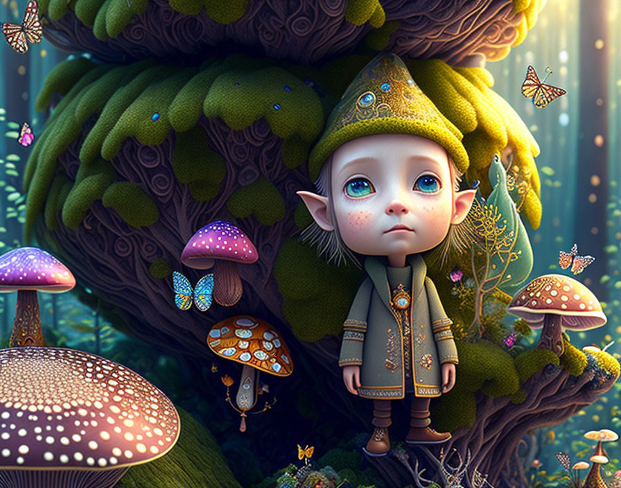 Whimsical big-eyed elf in enchanted forest with mushrooms and butterflies