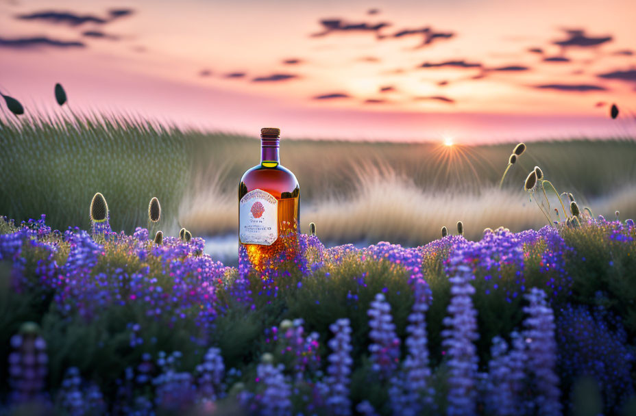 Bottle of liquor in purple wildflowers, wheat field, sunset sky