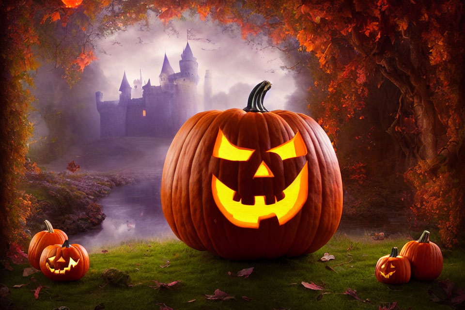 Spooky castle and carved pumpkins in misty Halloween scene