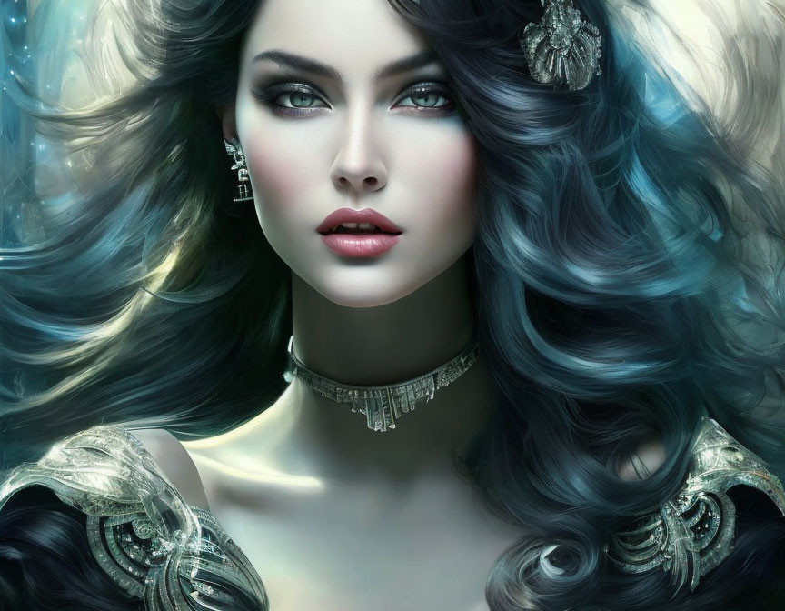 Fantasy digital art: Woman with dark blue hair and green eyes