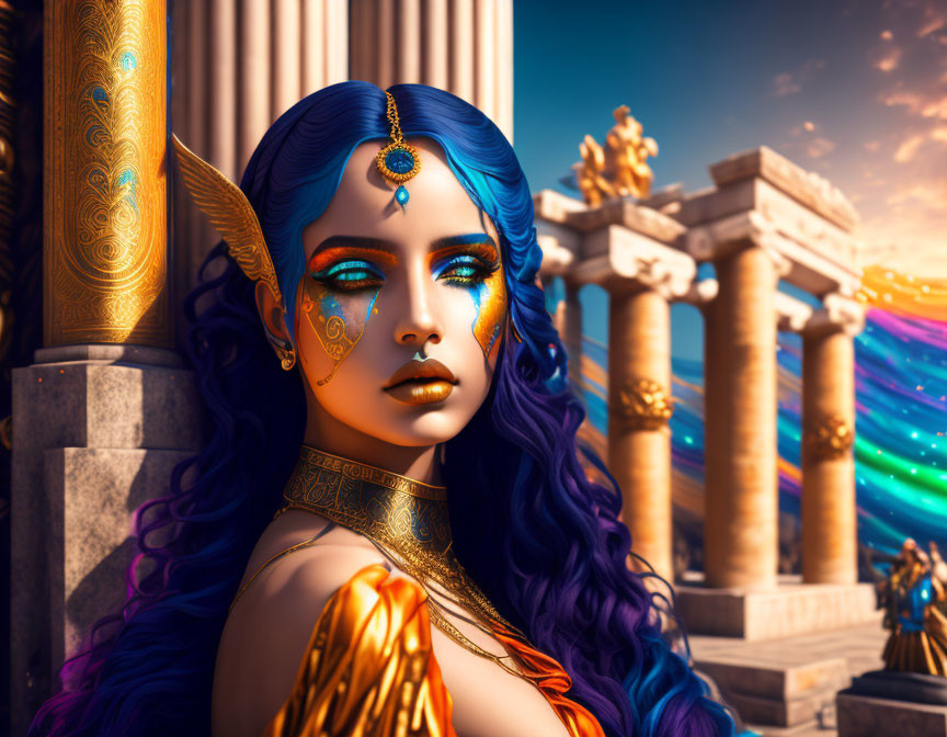 Blue-skinned woman with purple hair in fantasy setting.