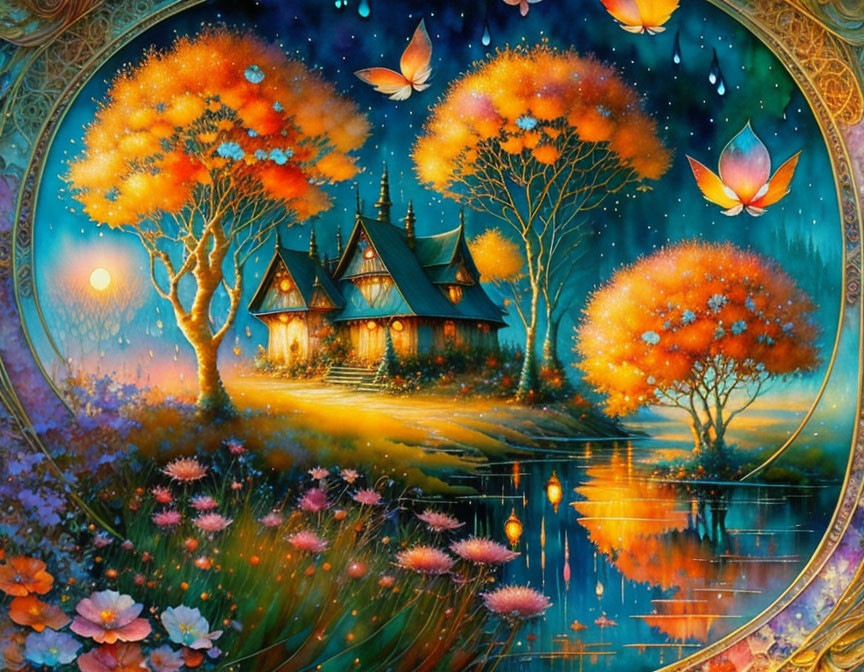 Fantasy artwork: Moonlit cottage, orange trees, luminescent butterflies