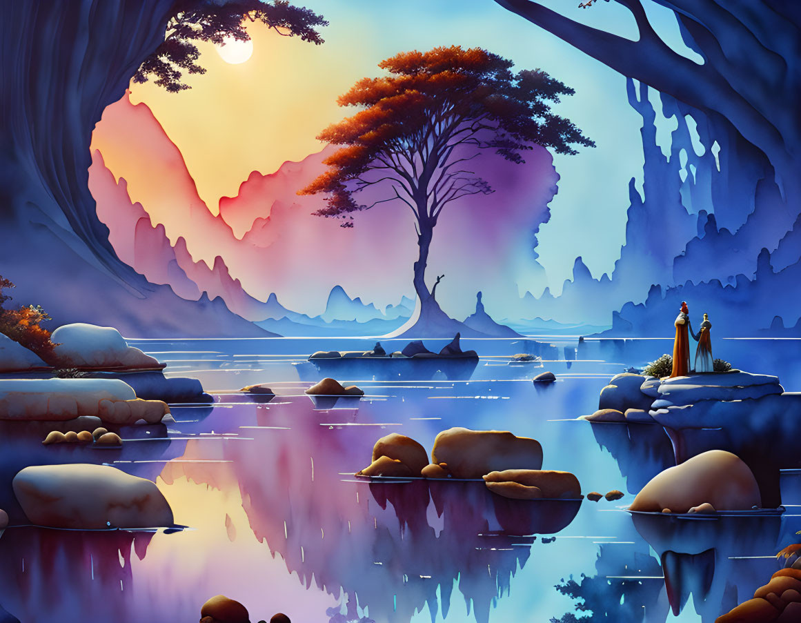 Fantasy landscape with twilight hues, serene water, isolated tree, rocky terrains, and two figures