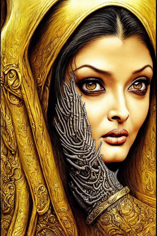 Illustrated portrait of a woman with striking eyes in golden garment and henna-adorned hand.