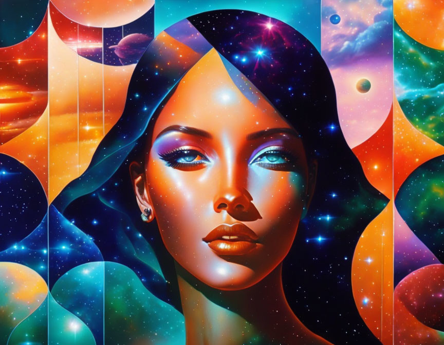 Colorful digital artwork: Woman's face merges with cosmic elements