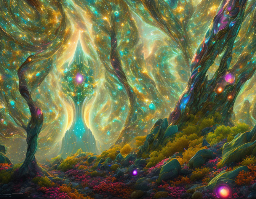 Enchanting forest with glowing orbs and vibrant flora under starry sky