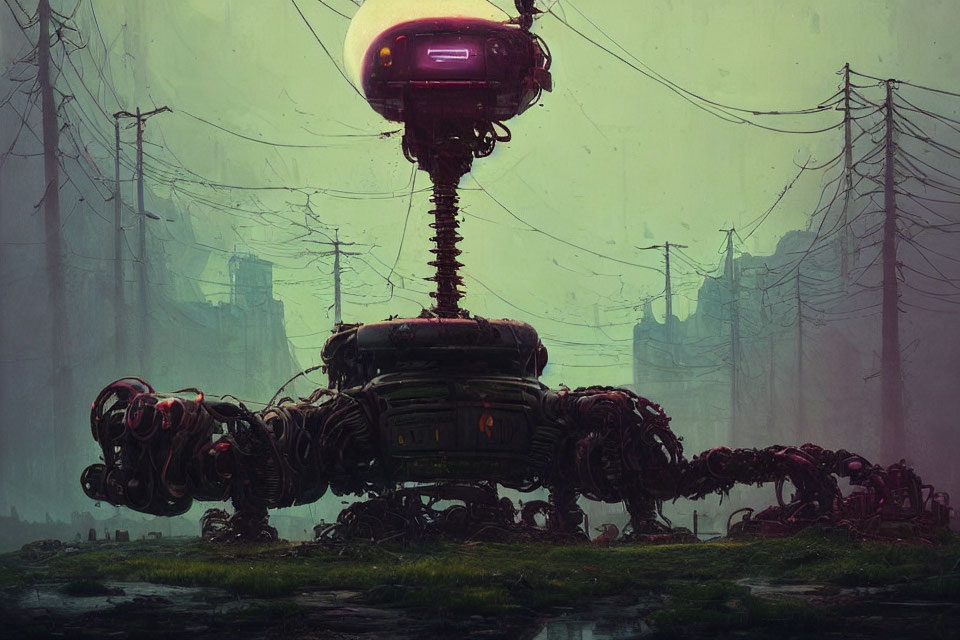 Large mechanical robotic structure in dystopian landscape with multiple limbs and central eye sensor