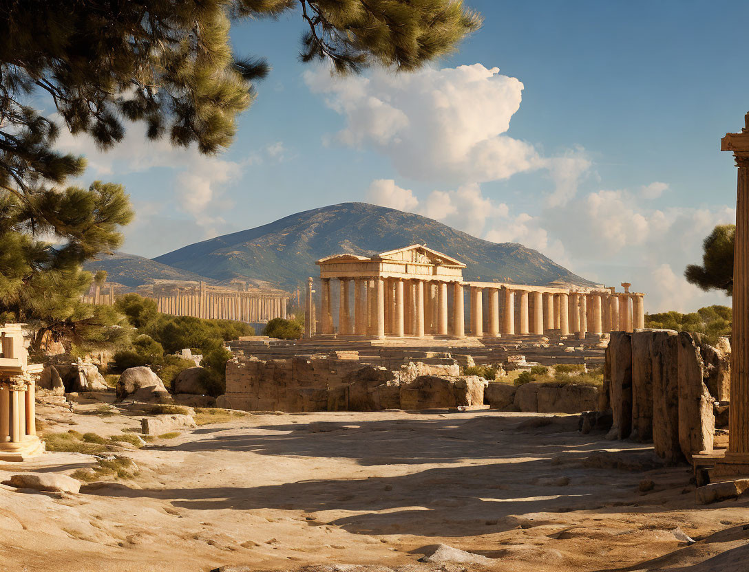 Ancient Greek temple ruins with columns and mountain backdrop.