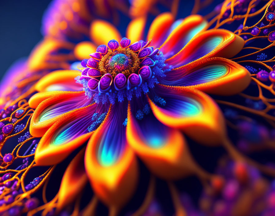 Abstract 3D fractal flower in vibrant blue and orange hues