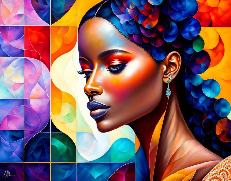 Colorful Mosaic Background Highlights Woman Portrait