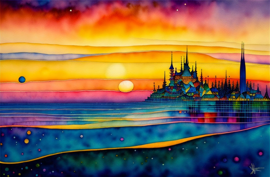 Colorful Watercolor Painting of Whimsical Castle Landscape