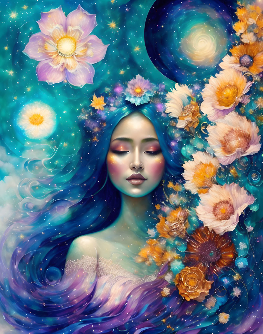 Ethereal woman with closed eyes adorned with flower crown in cosmic scene