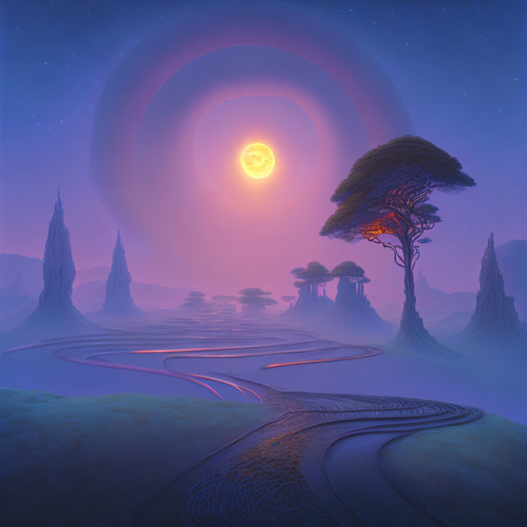 Vibrant surreal landscape with oversized sun and winding pathways