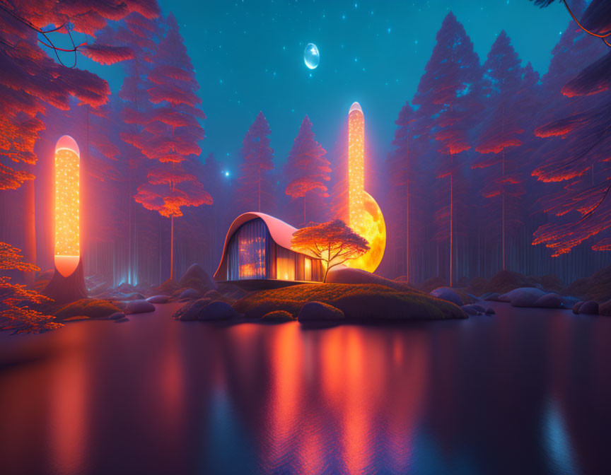 Futuristic glowing house by serene river and starry sky