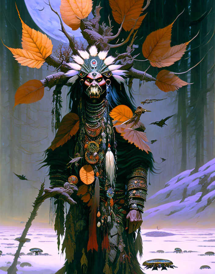 Fantastical shaman figure in skull mask, feathers, tribal garb, snowy forest.