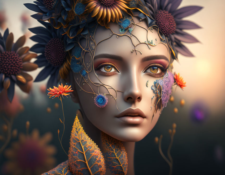 Digital artwork blending woman's face with sunflowers and vibrant petals